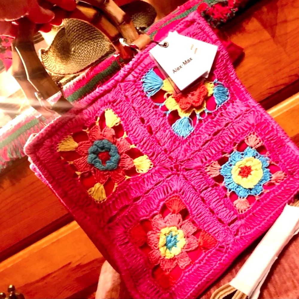 New NWT ALEX MAX ITALIAN BRAND HANDMADE FUCHSIA PINK TURQUOISE LEATHER HANDBAG